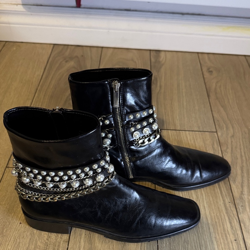 Zara Black Leather Ankle Boots with Pearl and Chain Detail